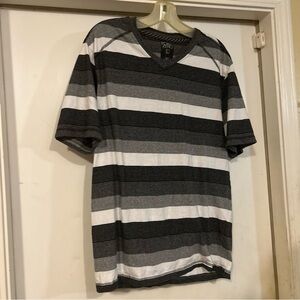 Point Zero Men’s Gray, Black & White Striped V-Neck Tee
